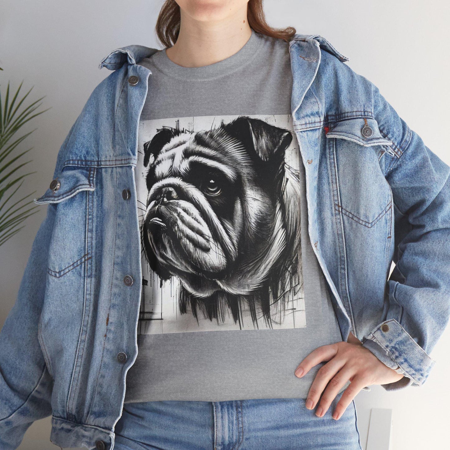Dog Tee, Bulldog Modern Charcoal Sketch Design, Bulldog Dog Lover Graphic Top Gift, Unisex Heavy Cotton T-shirt, 7 Colors 8 Sizes