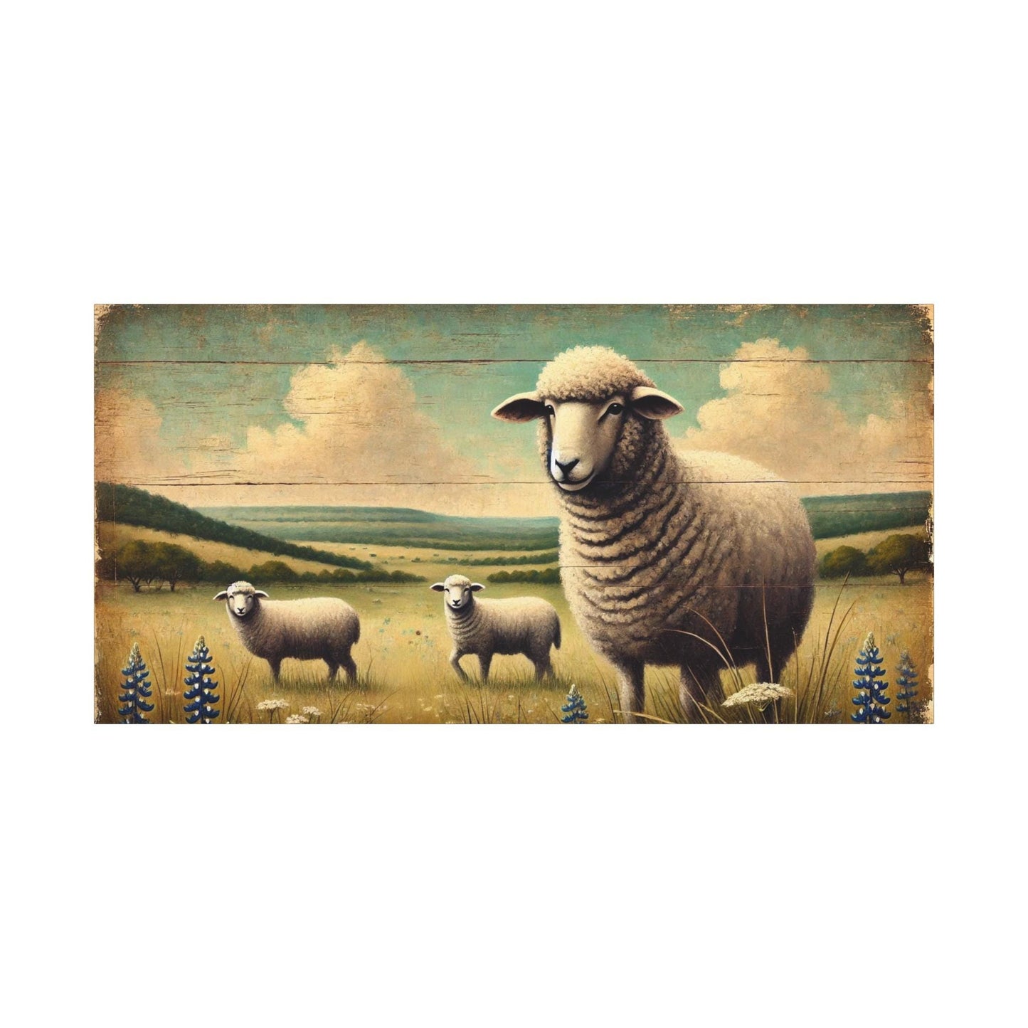 Original Primitive Folk Art Sheep Canvas Print, Matte Stretched Art, 7 Sizes Available, Wall Decor, Landscape Painting, Home Office Decor