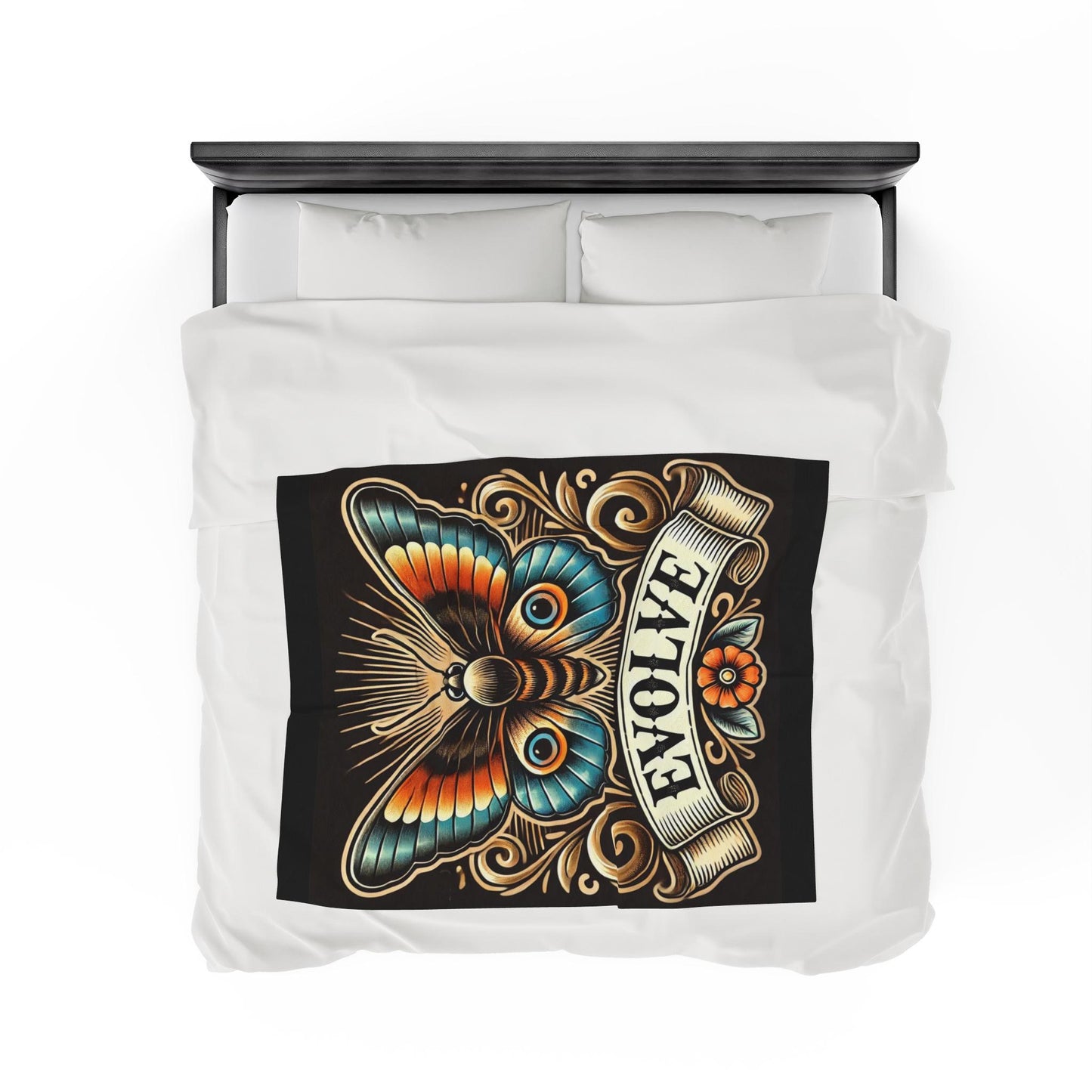 Butterly Plush Blanket - Vintage Tattoo EVOLVE Design, Fleece Throw, Housewarming Gift, Nature Theme, Warm Bedding, Tattoo Lover