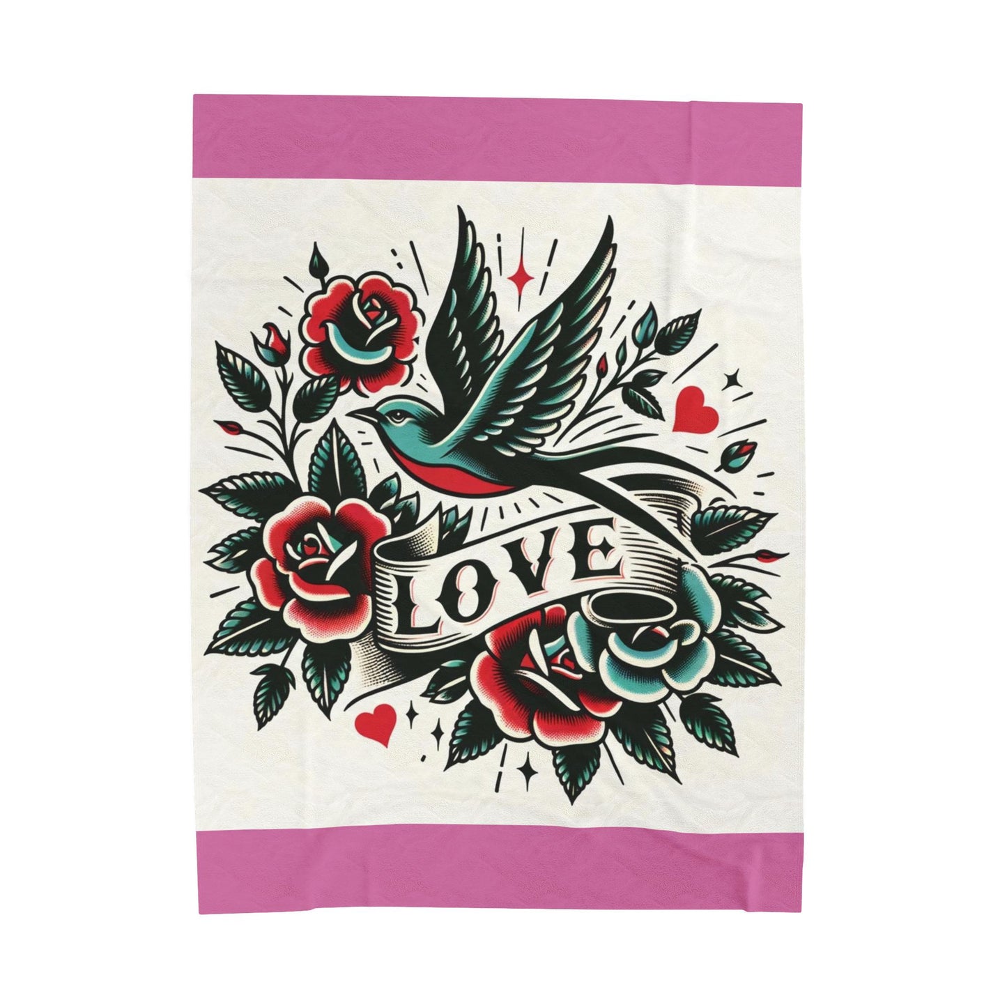 Bird Plush Blanket - Vintage Tattoo LOVE Design, Fleece Throw, Housewarming Gift, Nature Theme, Warm Bedding, Tattoo Lover