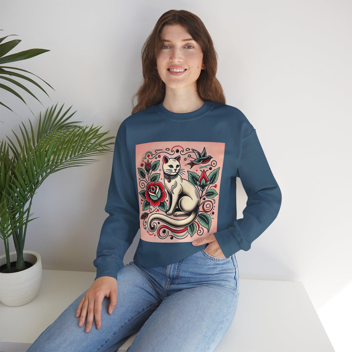 Cat Sweatshirt, Vintage Tattoo Design, Unisex Crewneck Jumper, Bee Pullover, Gift for Cat Lover, Retro Style, Cat Parent