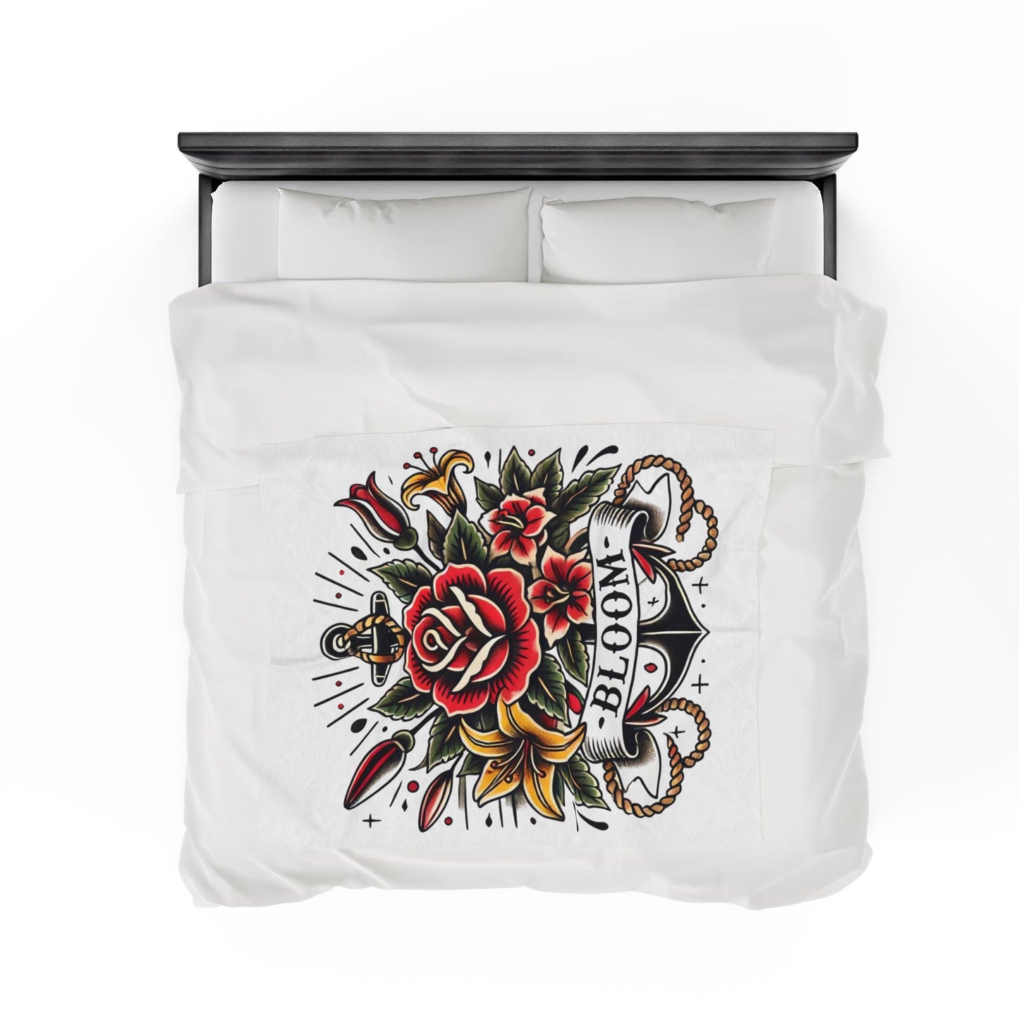 Floral Plush Blanket - Vintage Sailor Tattoo BLOOM Design, Fleece Throw, Housewarming Gift, Nature Theme, Warm Bedding, Tattoo Lover