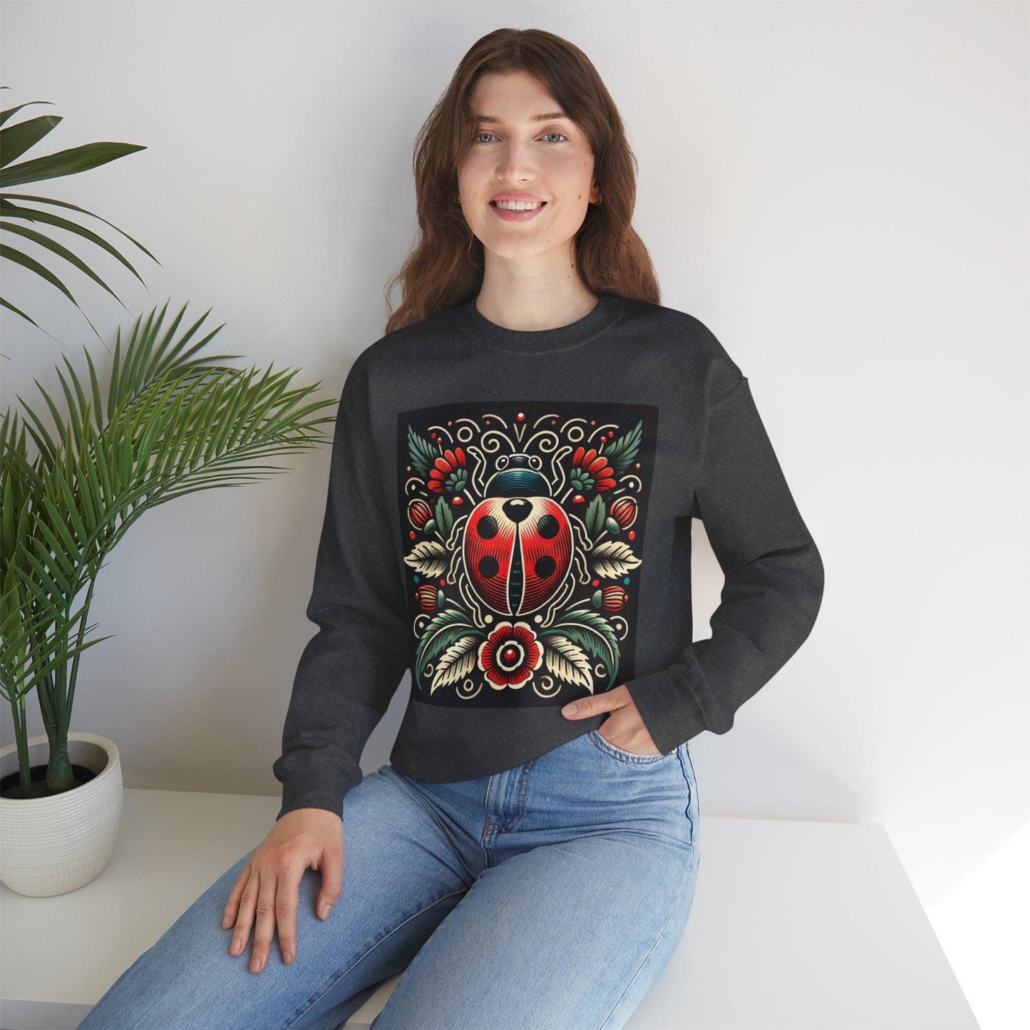 Lady Bug Sweatshirt, Vintage Tattoo Design, Unisex Crewneck Jumper, Bee Pullover, Gift for Nature Lover, Retro Style, Gardening