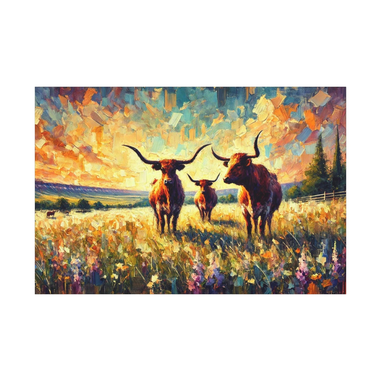 Original Texas Hill Country Longhorn Canvas Print, Matte Stretched Art, 7 Sizes Available, Wall Decor, Landscape Painting, Home Office Decor
