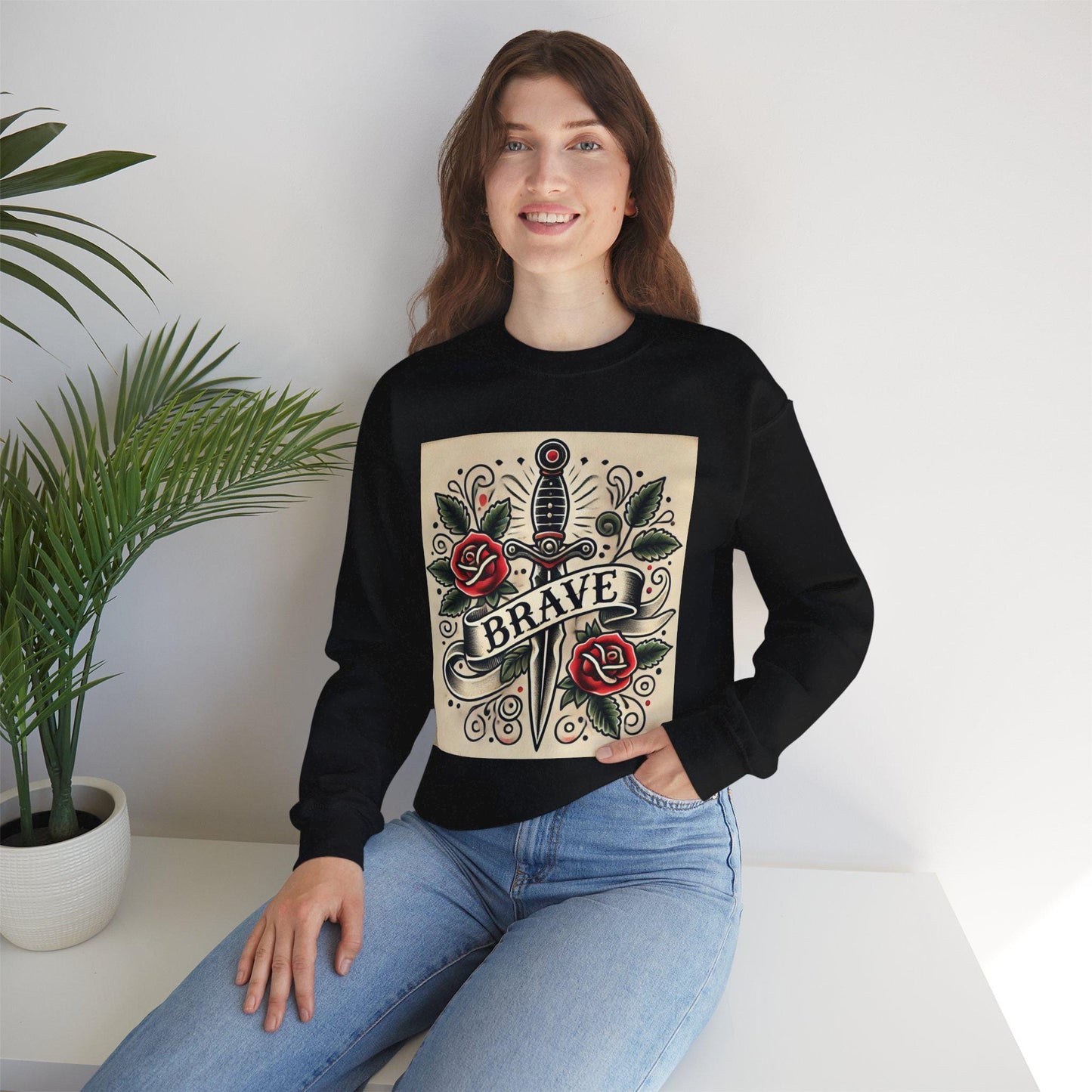 Vintage Tattoo Sweatshirt, BRAVE Tattoo Design, Unisex Crewneck Jumper, Vintage Pullover, Gift for Tattoo Lover, Retro Style