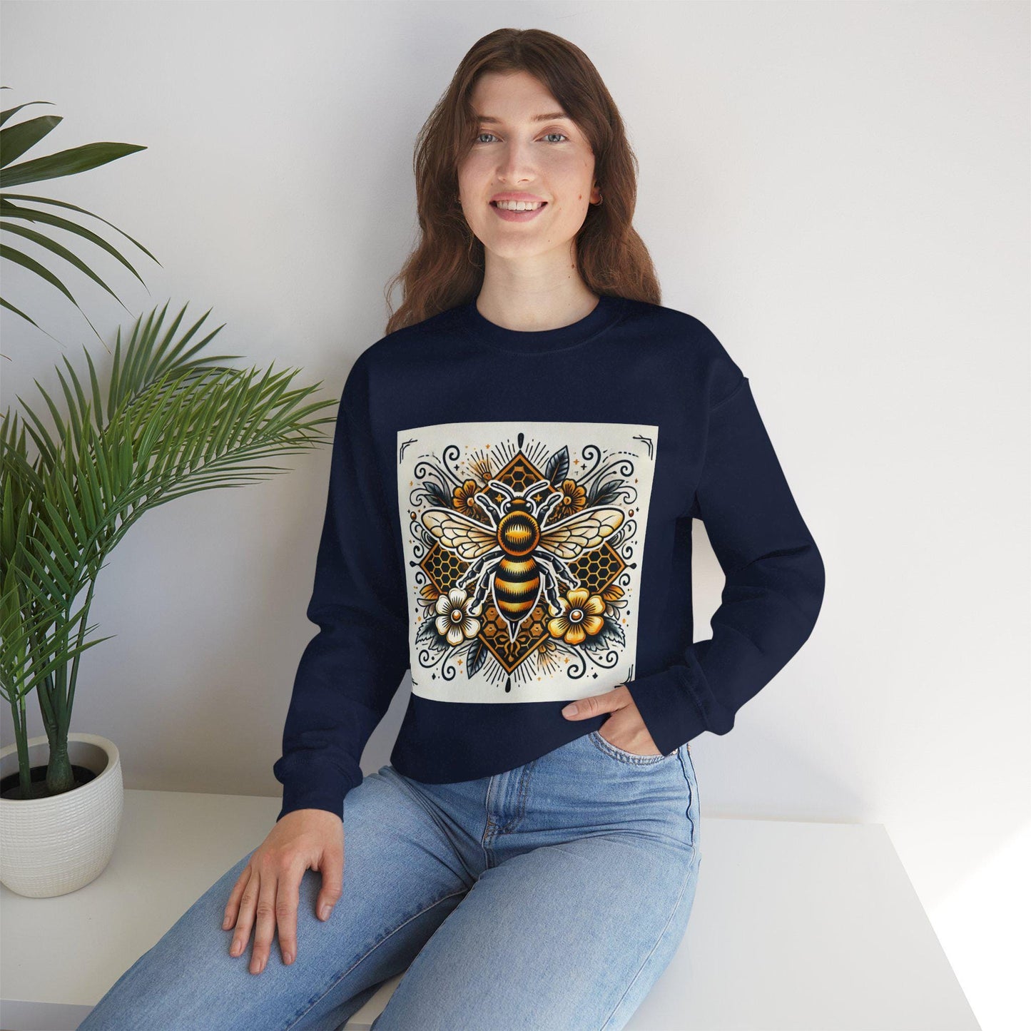 Honey Bee Sweatshirt, Vintage Tattoo Design, Unisex Crewneck Jumper, Bee Pullover, Gift for Animal Lover, Retro Style, Beekeeper