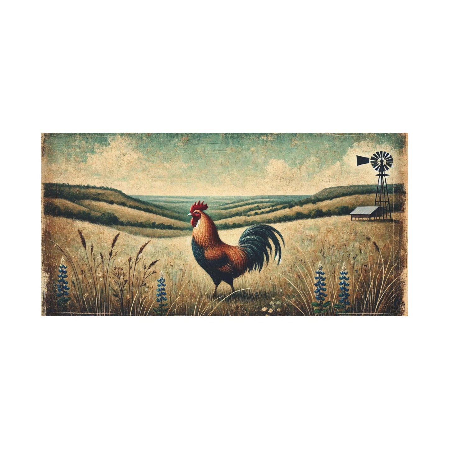 Original Primitive Folk Art Rooster Canvas Print, Matte Stretched Art, 7 Sizes Available, Wall Decor, Landscape Painting, Home Office Decor