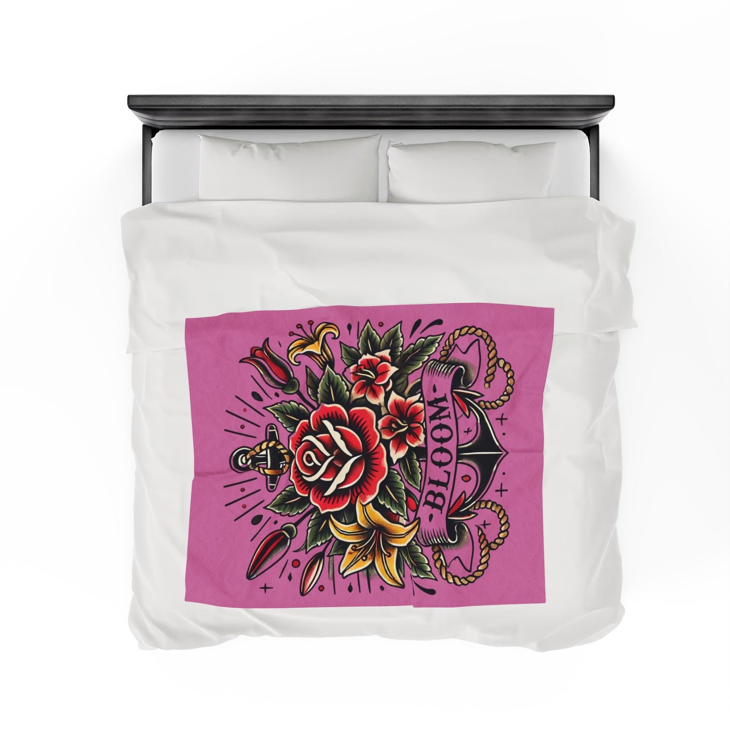 Floral Plush Blanket - Vintage Sailor Tattoo BLOOM Design, Fleece Throw, Housewarming Gift, Nature Theme, Warm Bedding, Tattoo Lover