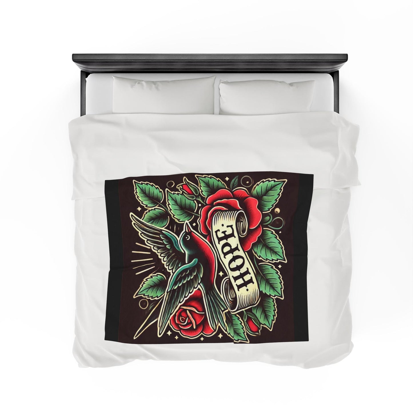 Bird Plush Blanket - Vintage Tattoo HOPE Design, Fleece Throw, Housewarming Gift, Nature Theme, Warm Bedding, Tattoo Lover