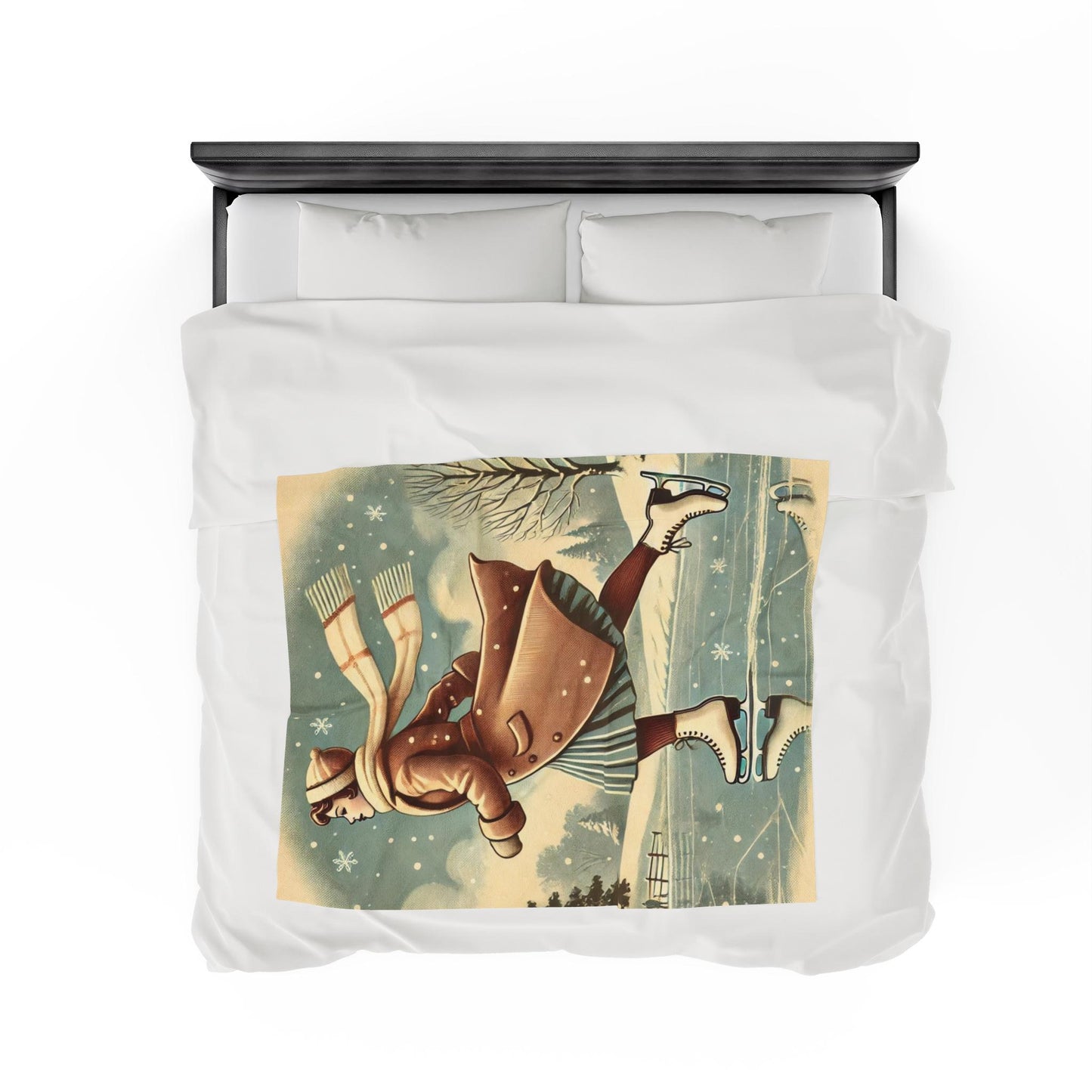 Plush Winter Blanket, Ice Skating Design, Soft Fleece Throw, Housewarming Gift, Holiday Home Decor, Christmas Theme, Warm Bedding