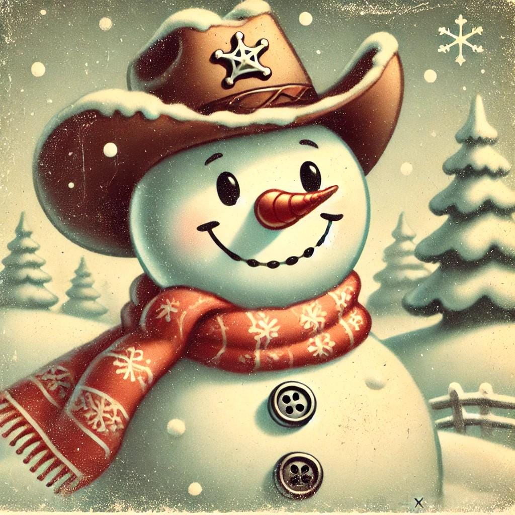 Christmas Pillow Frosty Cowboy Snowman (14"x14" Square), Holiday Gifts, Christmas Village, Season's Greetings