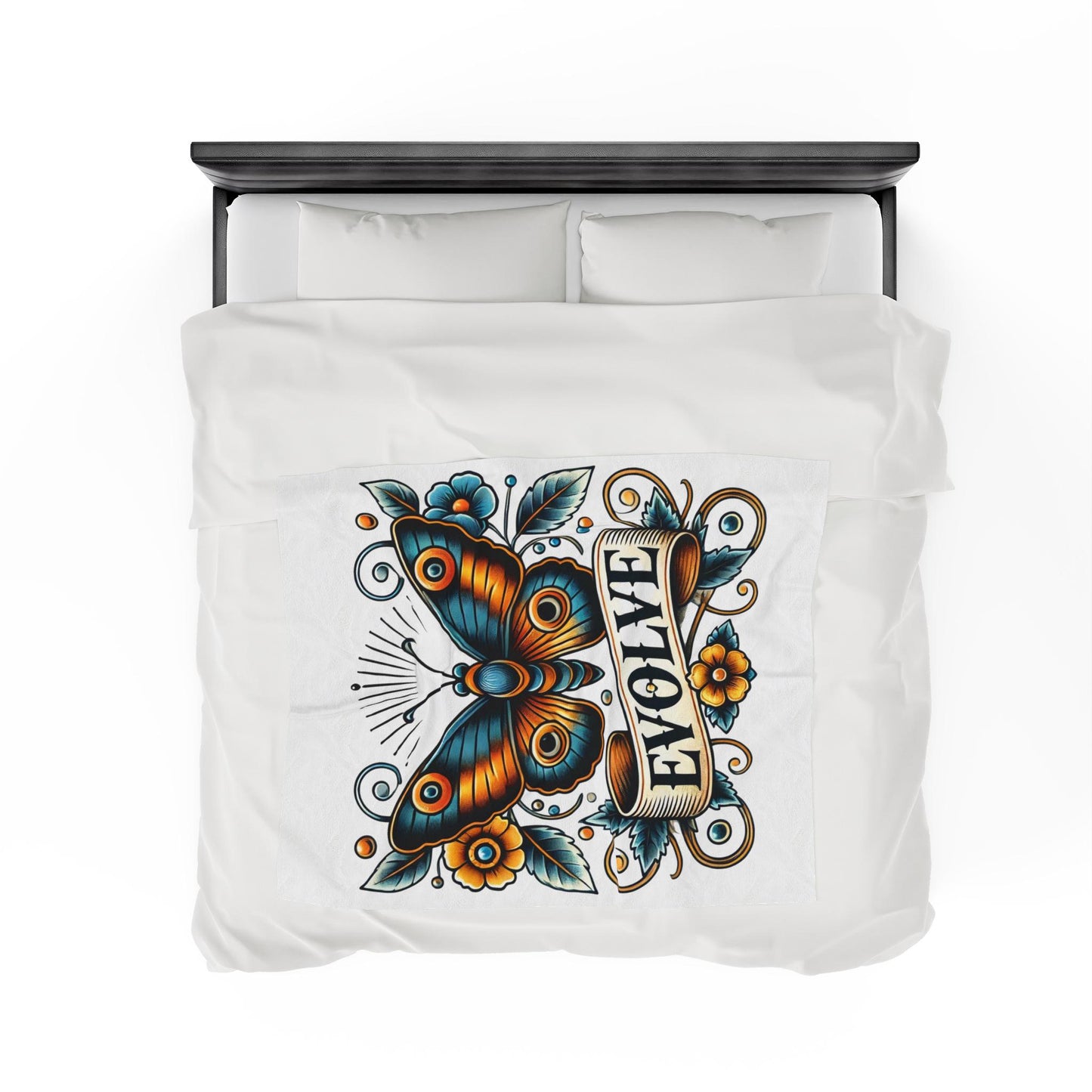Butterfly Plush Blanket - Vintage Tattoo EVOLVE Design, Fleece Throw, Housewarming Gift, Nature Theme, Warm Bedding, Tattoo Lover