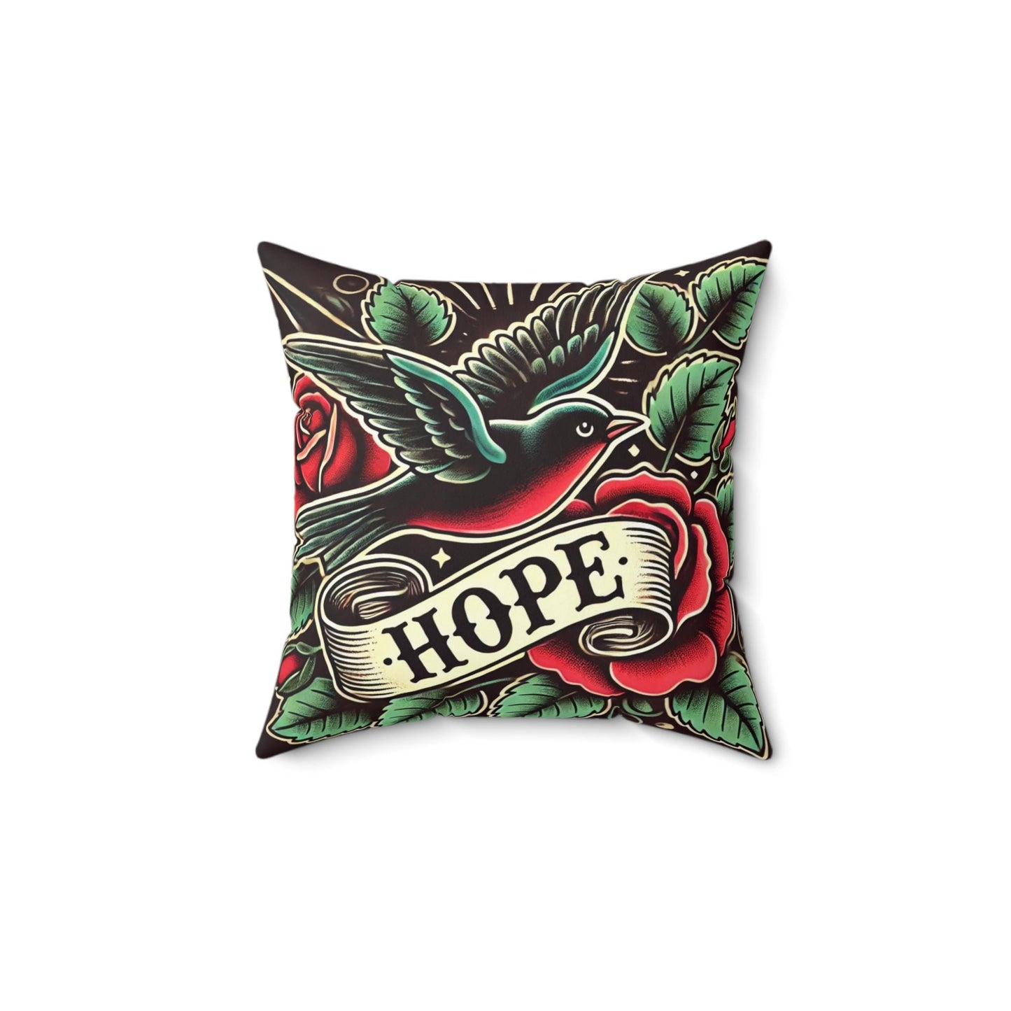 Square Pillow, Vintage Tattoo HOPE Design, Retro Charm, Housewarming Gift, Spun Polyester Cushion Cover, Tattoo Lover, Soft Throw Pillow