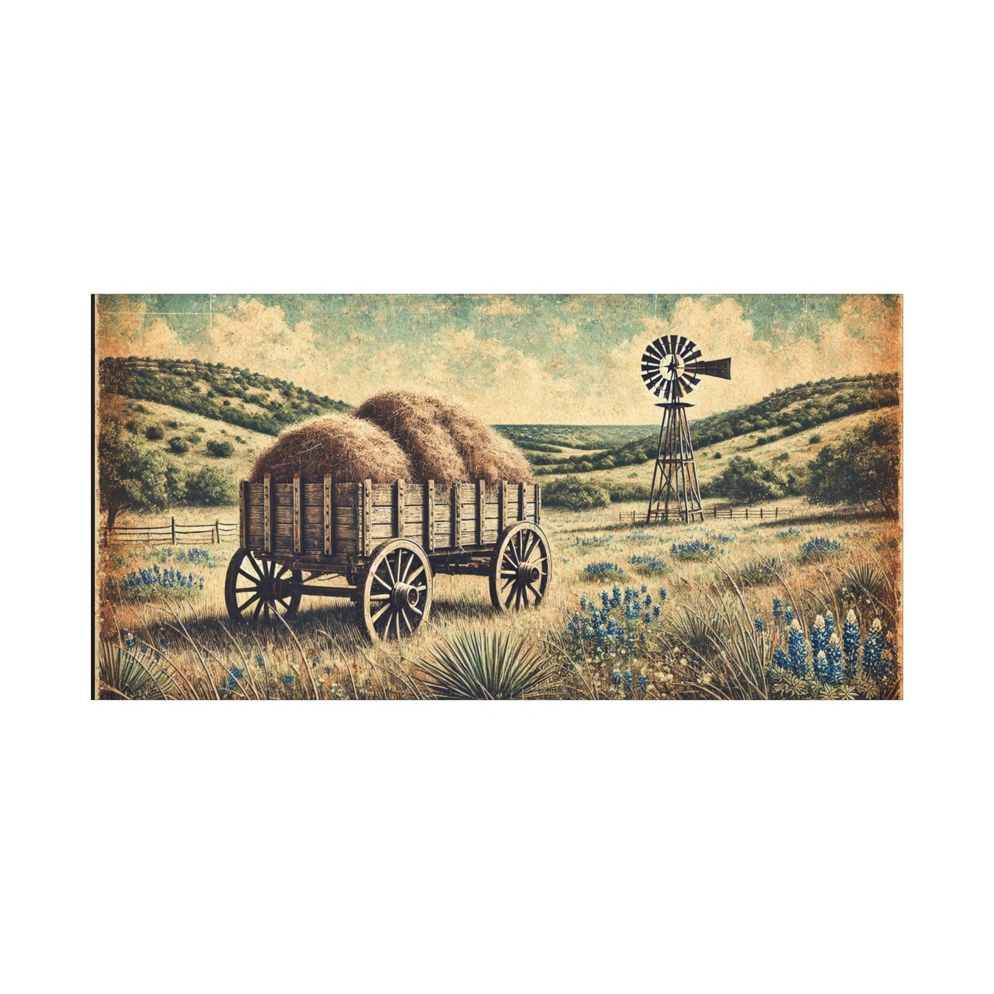 Original Primitive Folk Art Hay Wagon Canvas Print, Matte Stretched Wall Art, 7 Sizes Available, Landscape Painting, Home Office Decor