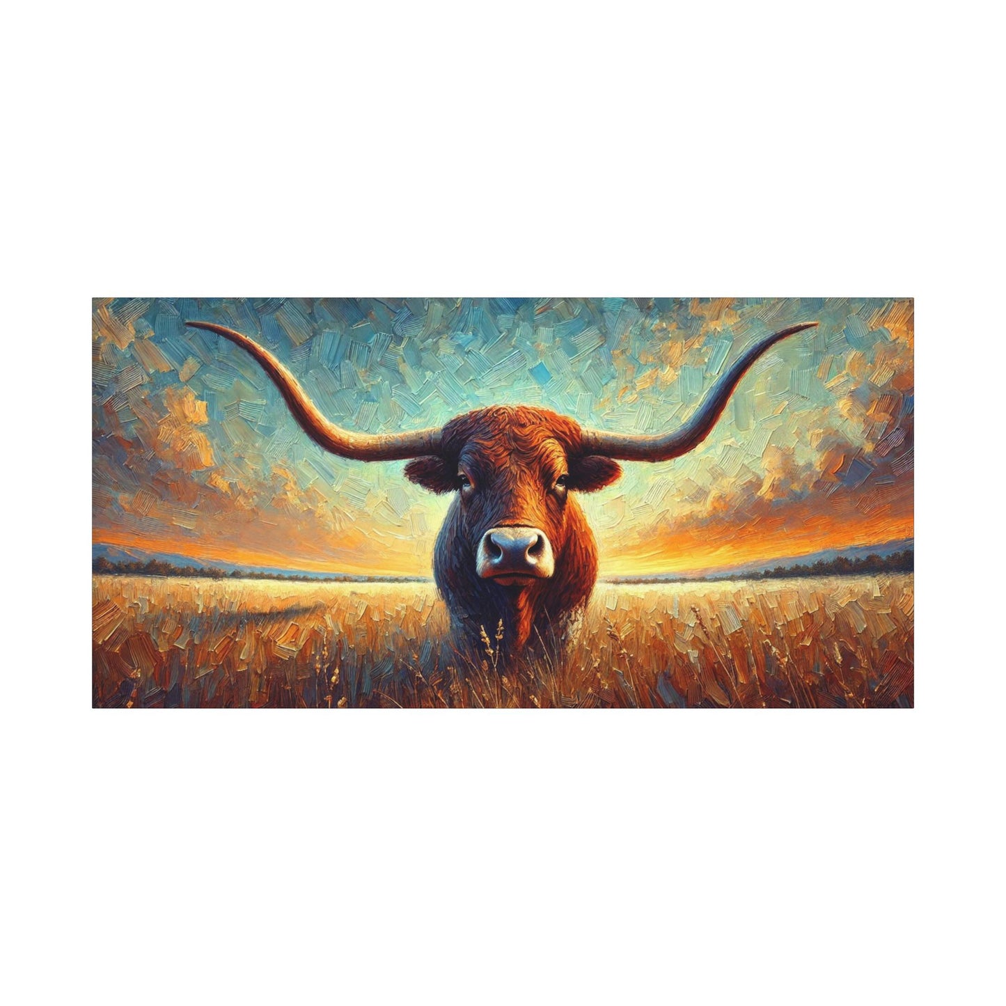 Original Impressionist Longhorn Canvas Print, Matte Stretched Art, 7 Sizes Available, Wall Decor, Landscape Painting, Home Office Decor