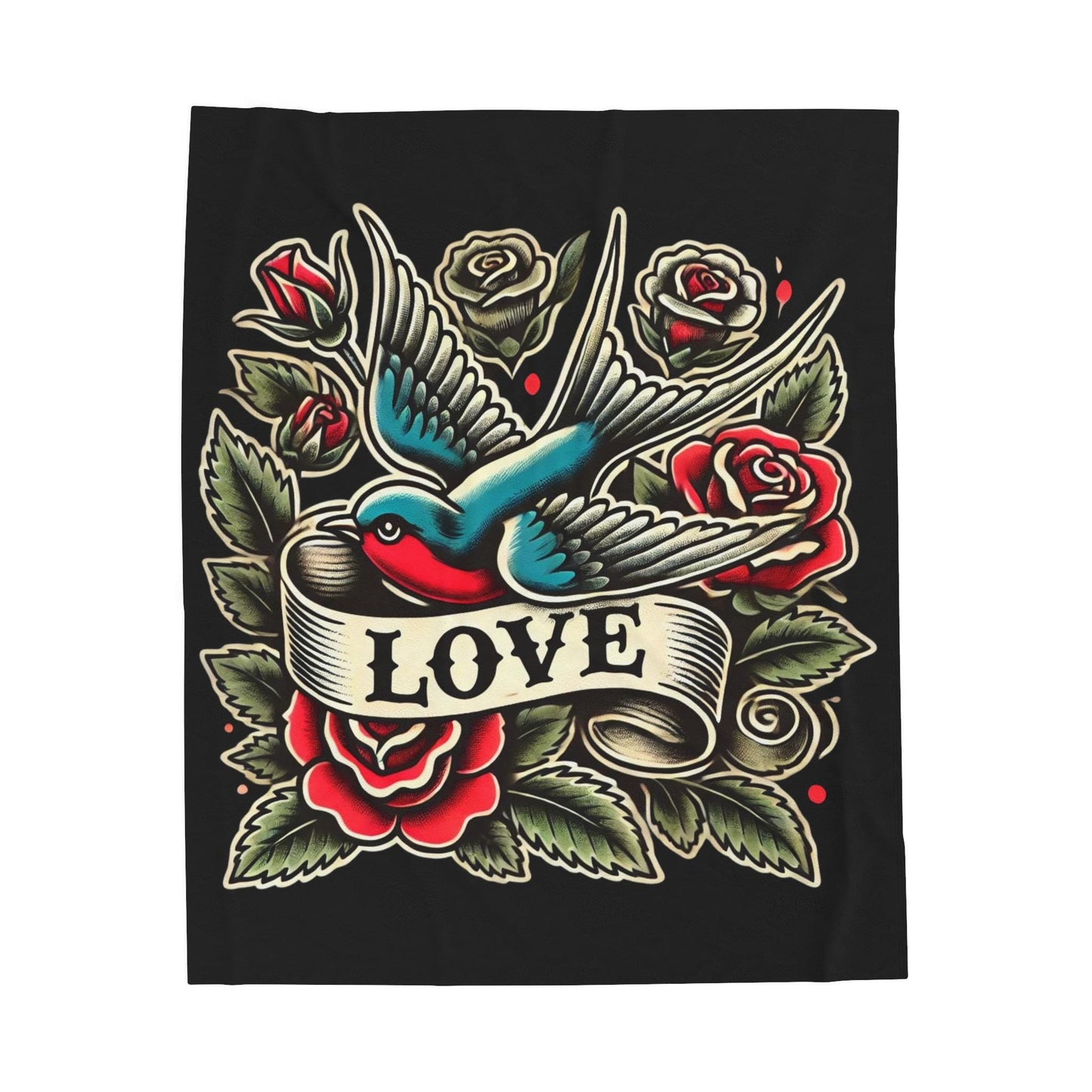 Bird Plush Blanket - Vintage Tattoo LOVE Design, Fleece Throw, Housewarming Gift, Nature Theme, Warm Bedding, Tattoo Lover