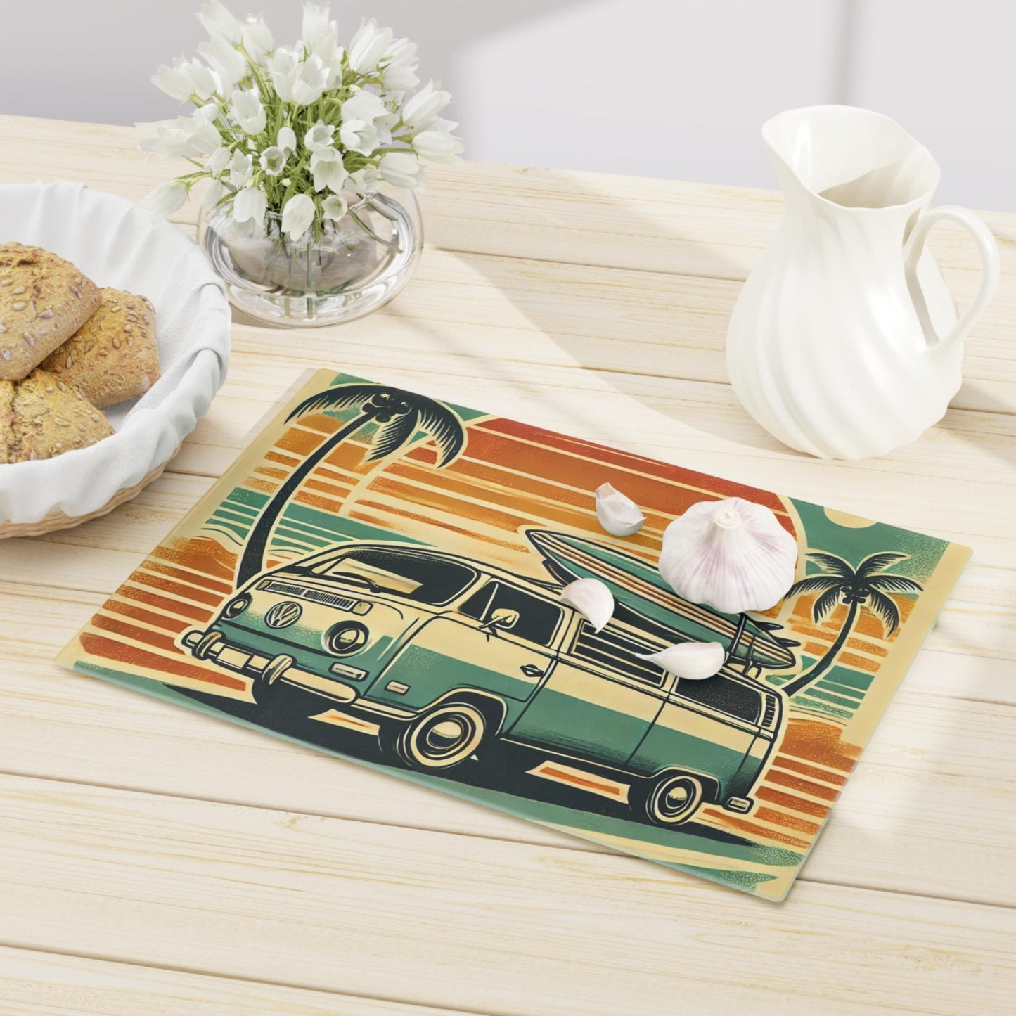 Cutting Board, California Surfer Sunset Custom Design, Kitchen Home Decor, Unique Housewarming Gift, Foodie Chef Gift, Volkswagen Van
