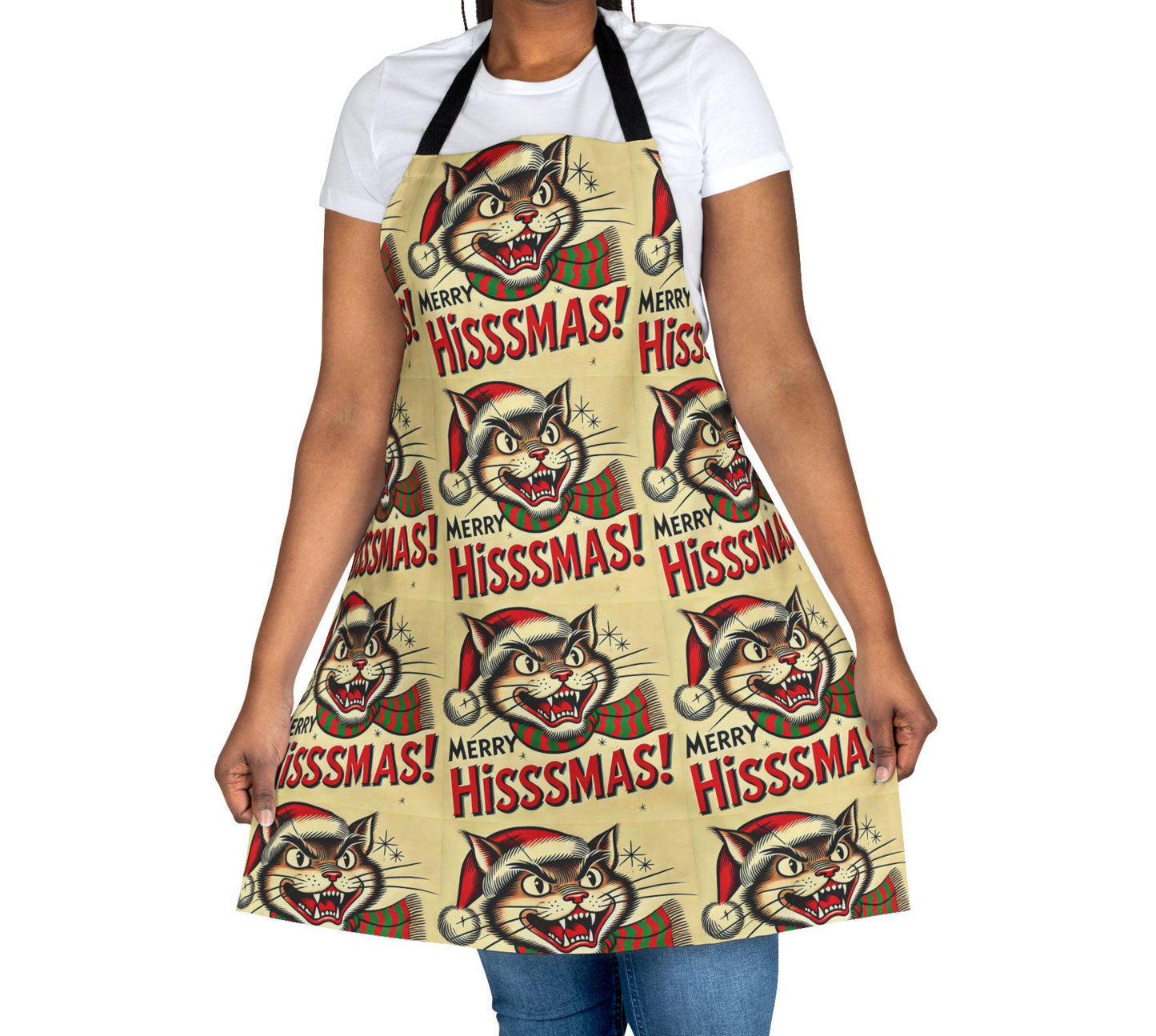 Funny Christmas Gift Apron for Cat Lovers, 5-Color Straps to Choose From, Grilling, Kiss the Cook, Cat Mom, Cat Dad