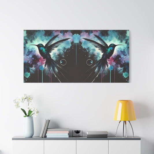 Matte Canvas Art Print, Original Abstract Watercolor NightBird Reflection 4 Hummingbirds Portrait, 7 Sizes, Modern Stately Home Wall Decor