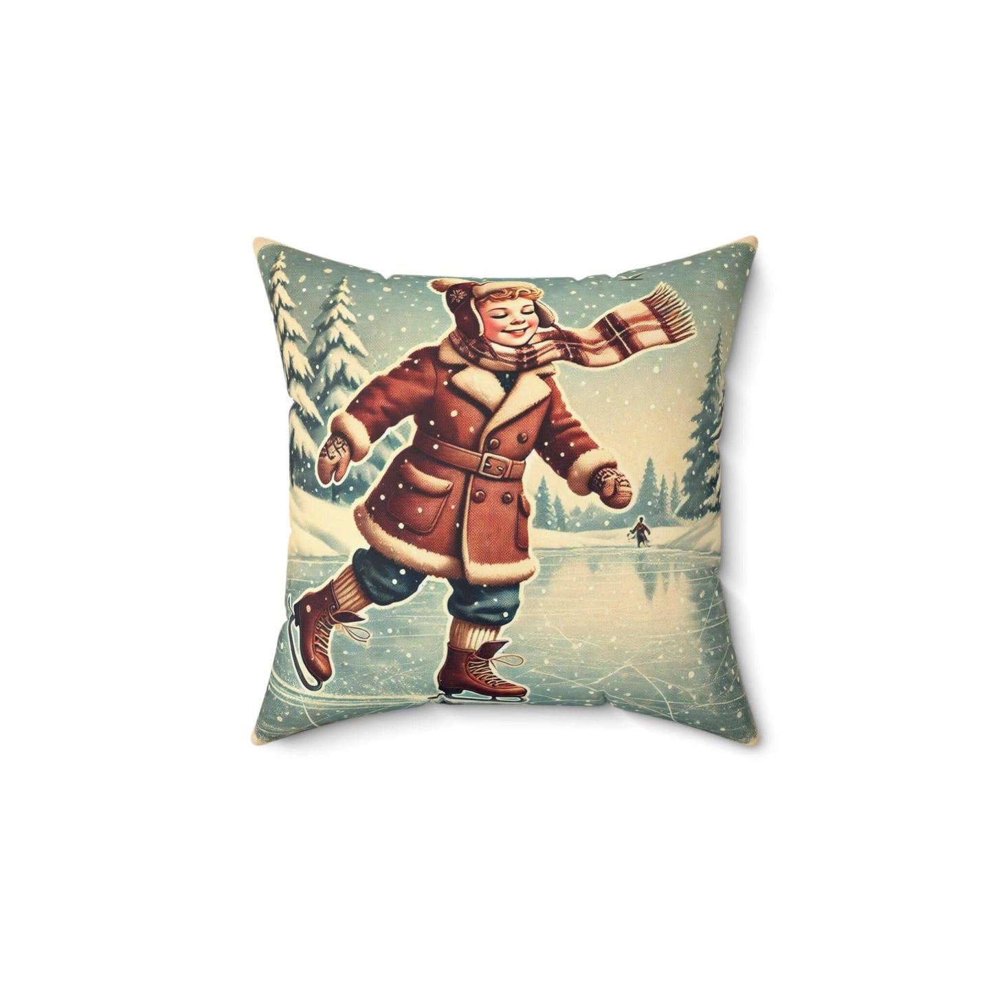 Christmas Pillow Ice Skater (14"x14" Square), Holiday Gifts and Decor, Christmas Village