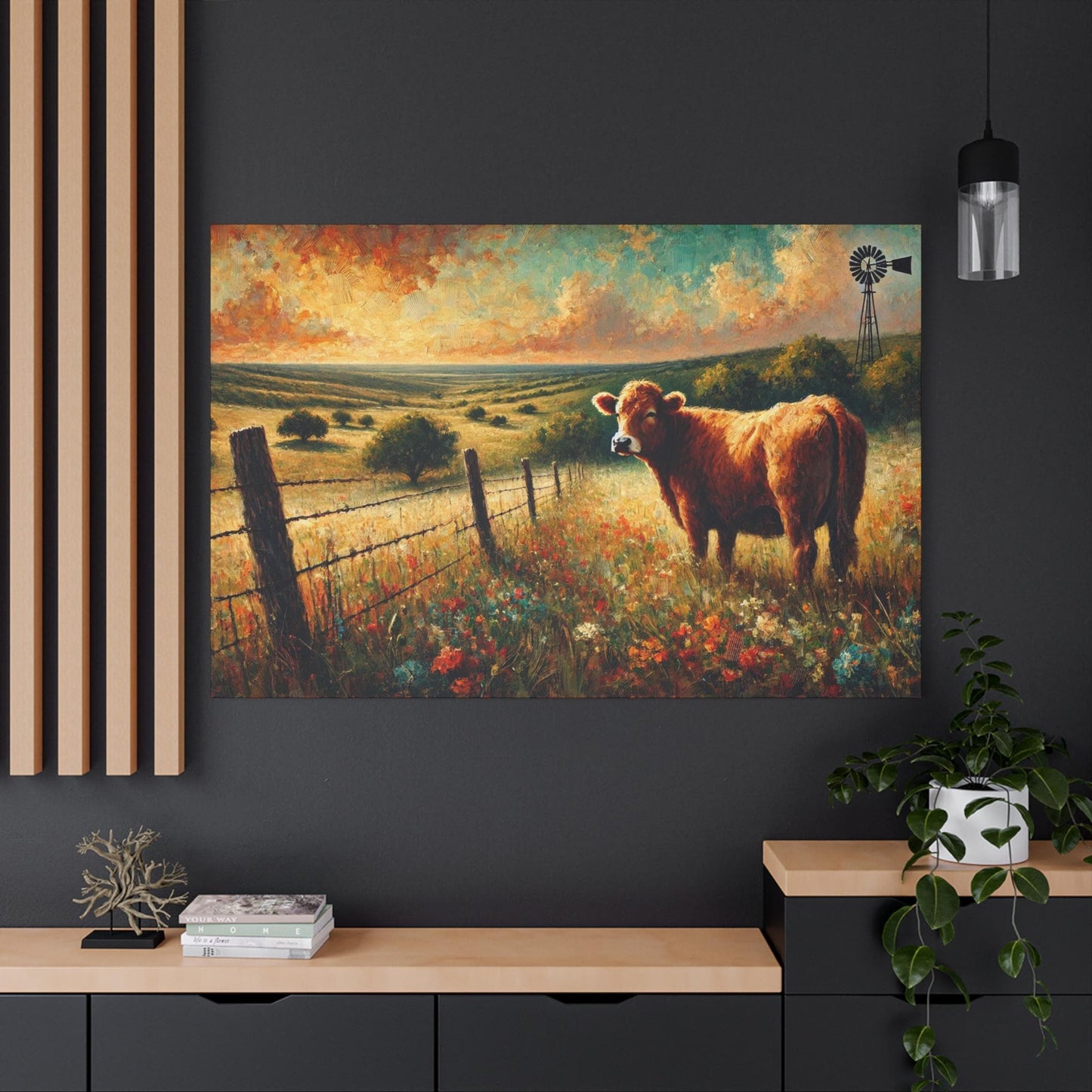Impressionist Hill Country Canvas Cow Print, Matte Stretched Art, 7 Sizes Available, Wall Decor, Landscape Painting, Home Office Decor