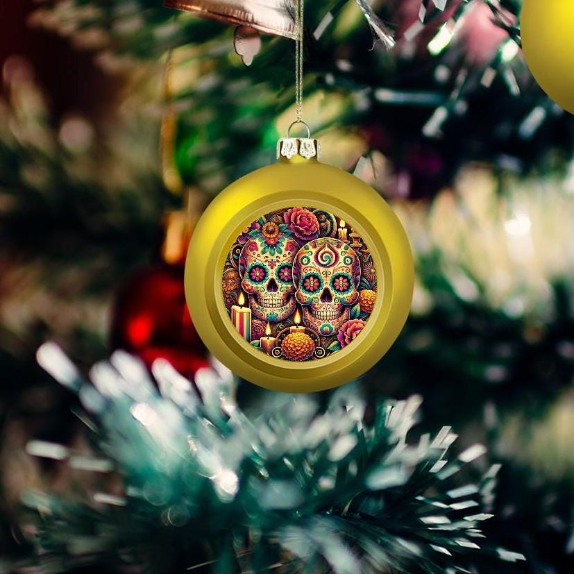 Ornament Set of 2 or 4, Festive Holiday Decor, Christmas Ball Decoration, Custom Sugar Skulls Design, Dia de los Muertos, Unique Tree Trim