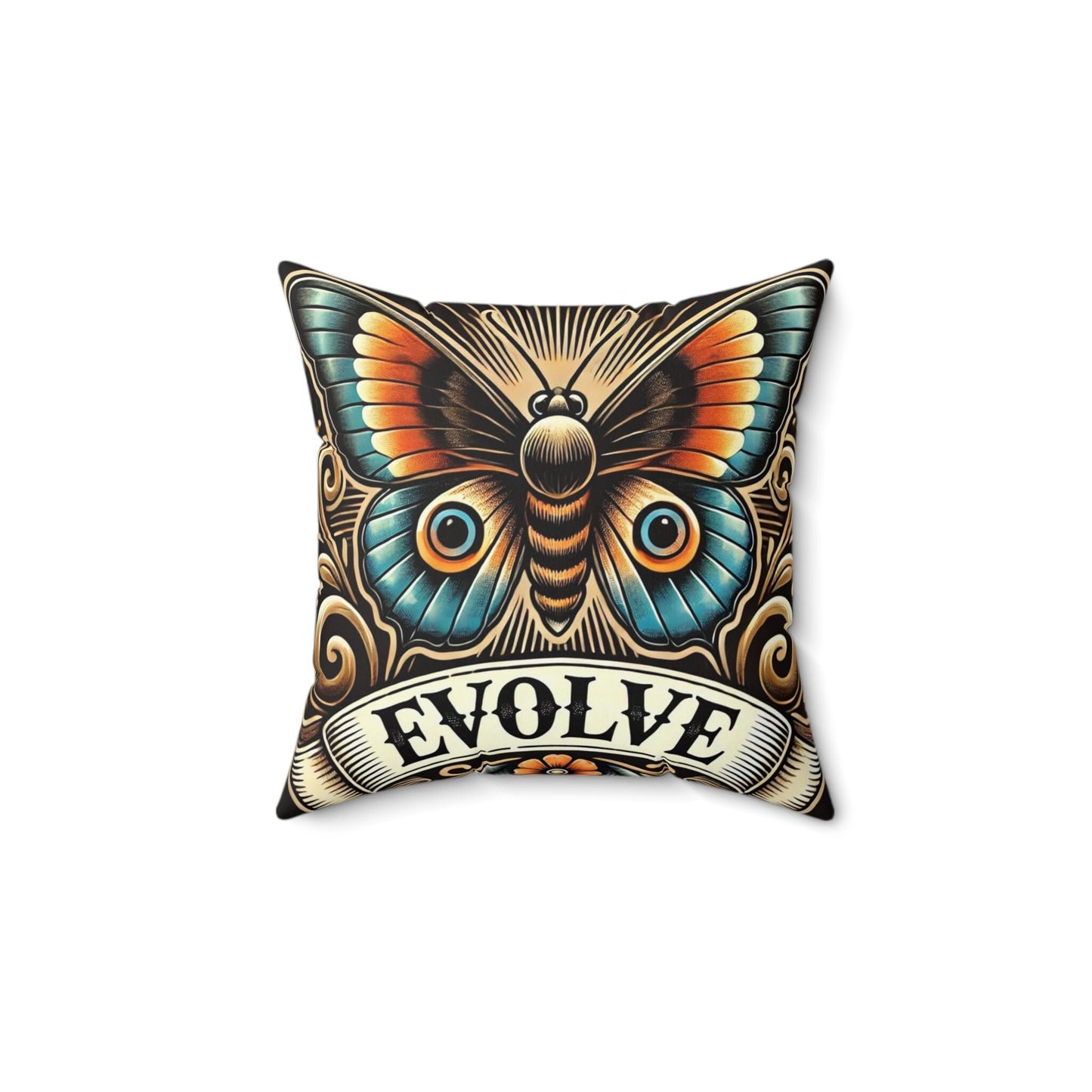 Butterfly Square Pillow, Vintage Tattoo EVOLVE Design, Retro Charm, Housewarming Gift, Spun Polyester Cover, Tattoo Lover, Throw Pillow