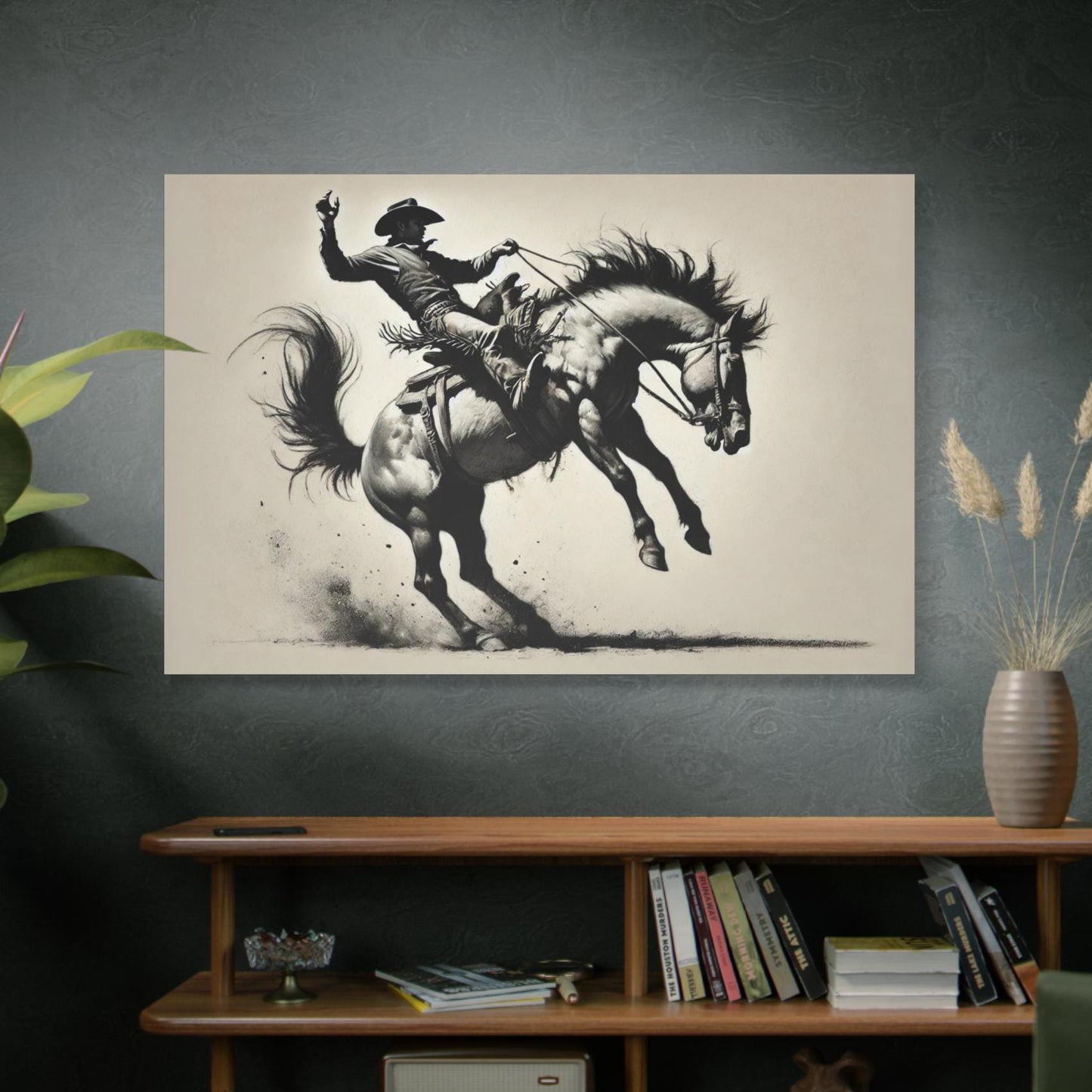 Cowboy Canvas Print, Original Charcoal Sketch, Bucking Bronco, Modern Western Matte Stretched Art, Home & Office Wall Decor, 7 Custom Sizes