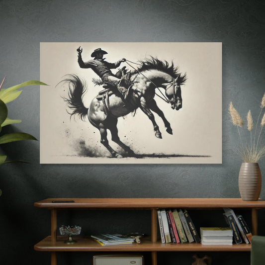 Cowboy Canvas Print, Original Charcoal Sketch, Bucking Bronco, Modern Western Matte Stretched Art, Home & Office Wall Decor, 7 Custom Sizes