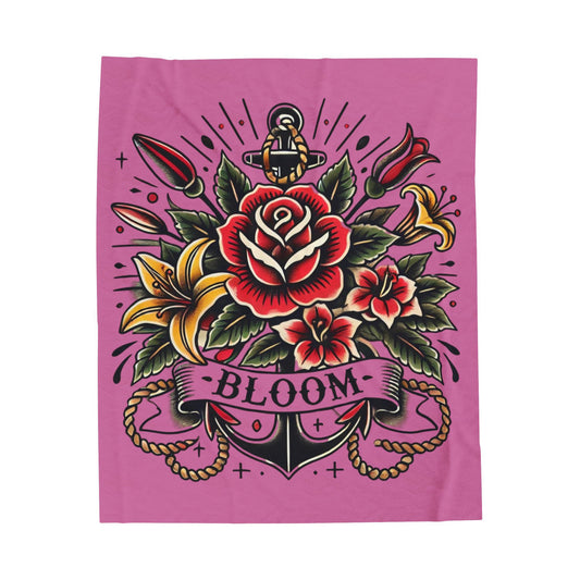 Floral Plush Blanket - Vintage Sailor Tattoo BLOOM Design, Fleece Throw, Housewarming Gift, Nature Theme, Warm Bedding, Tattoo Lover