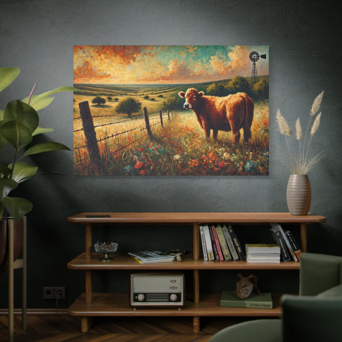 Impressionist Hill Country Canvas Cow Print, Matte Stretched Art, 7 Sizes Available, Wall Decor, Landscape Painting, Home Office Decor