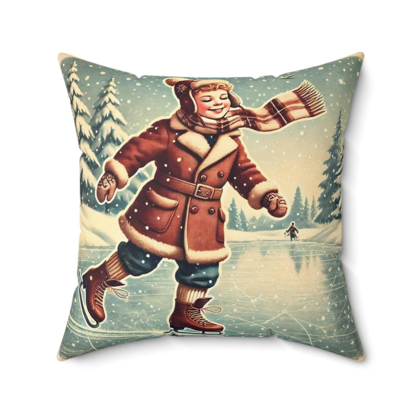 Christmas Pillow Ice Skater (14"x14" Square), Holiday Gifts and Decor, Christmas Village