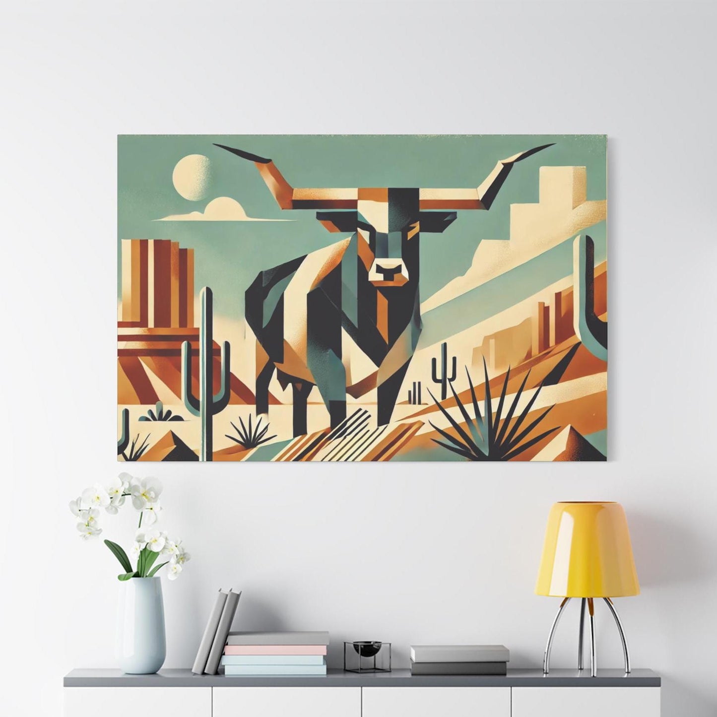 Original Modern Cubist Longhorn Canvas Print, Matte Stretched Art, 7 Sizes Available, Wall Decor, Landscape Painting, Home Office Decor