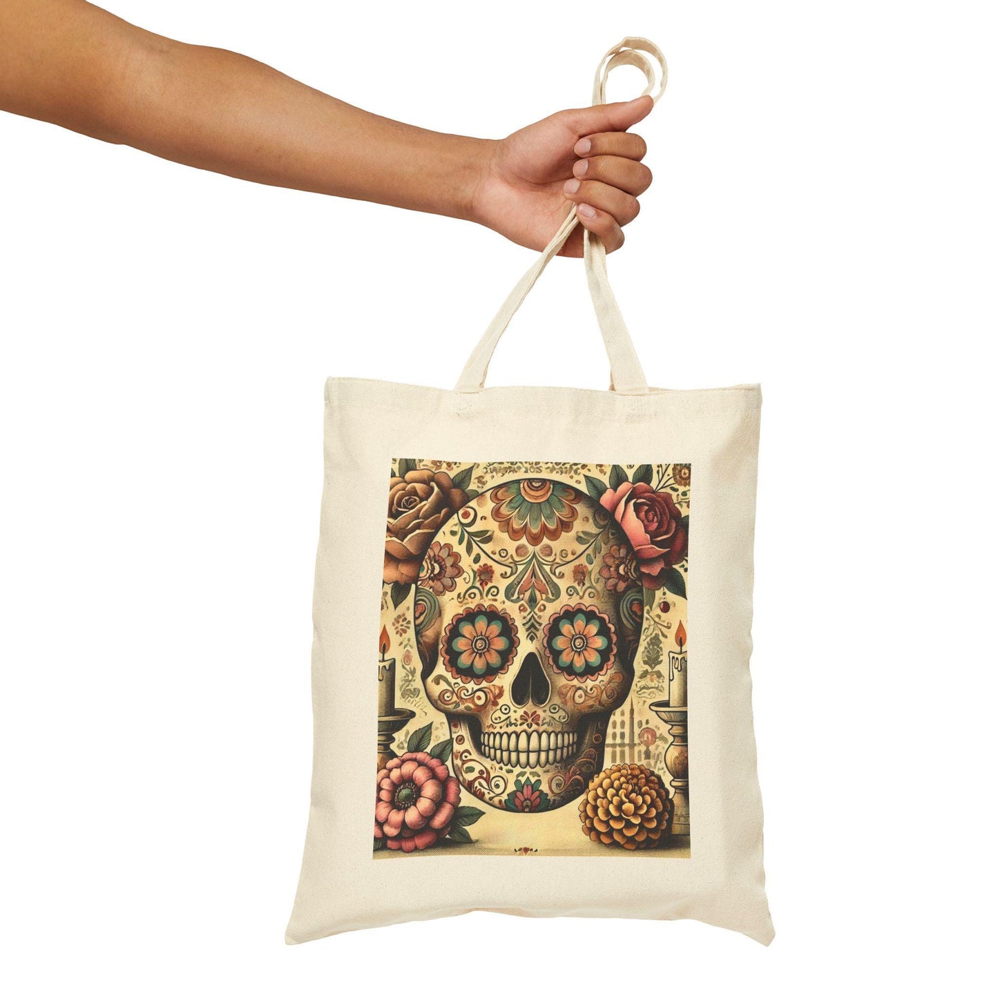Sugar Skulls Cotton Canvas Tote Bag, Day of the Dead, Durable Market Bag, Boho Shopping Tote, Reusable Grocery Bag, Eco-Friendly Bag
