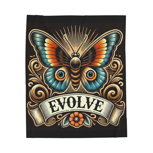 Butterly Plush Blanket - Vintage Tattoo EVOLVE Design, Fleece Throw, Housewarming Gift, Nature Theme, Warm Bedding, Tattoo Lover