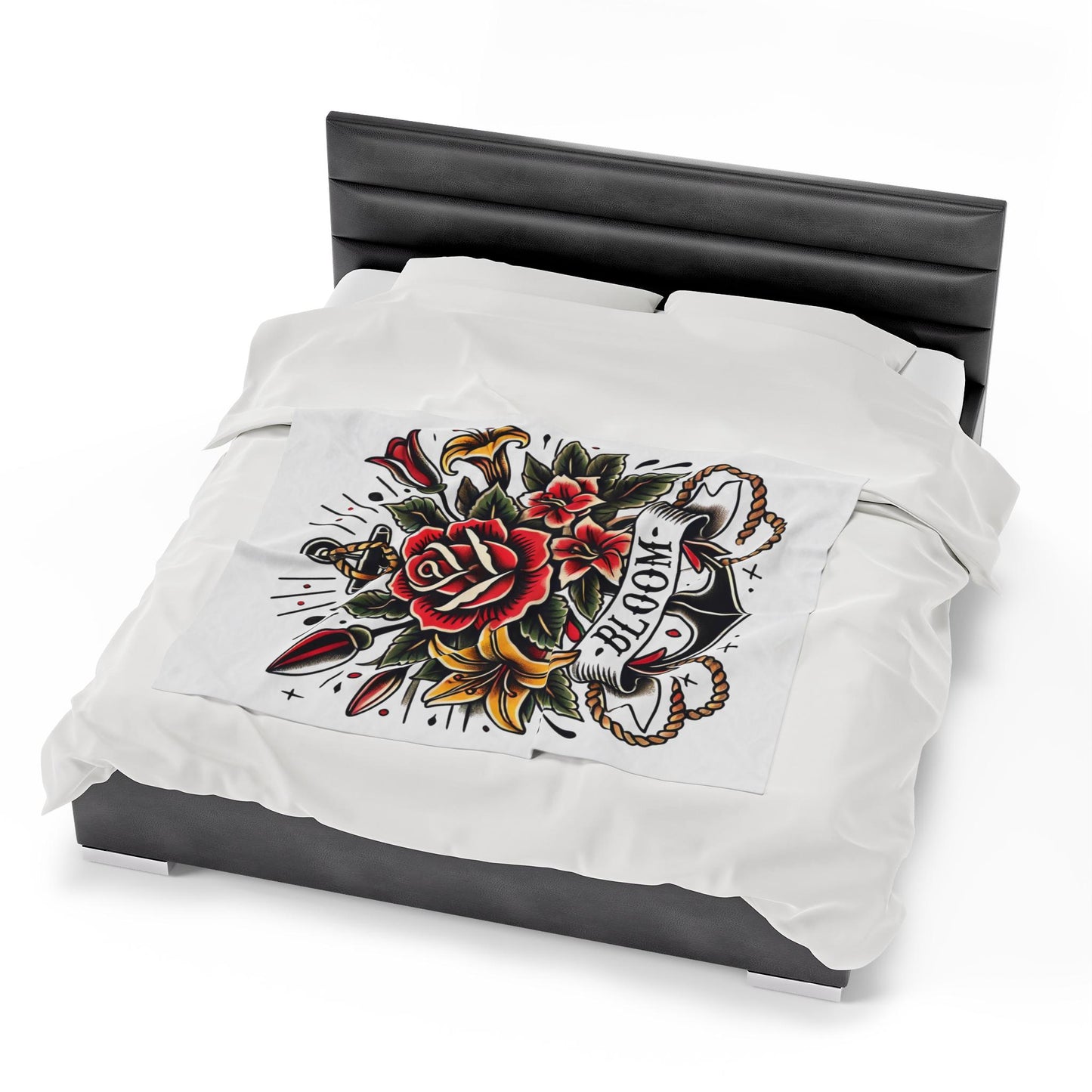 Floral Plush Blanket - Vintage Sailor Tattoo BLOOM Design, Fleece Throw, Housewarming Gift, Nature Theme, Warm Bedding, Tattoo Lover