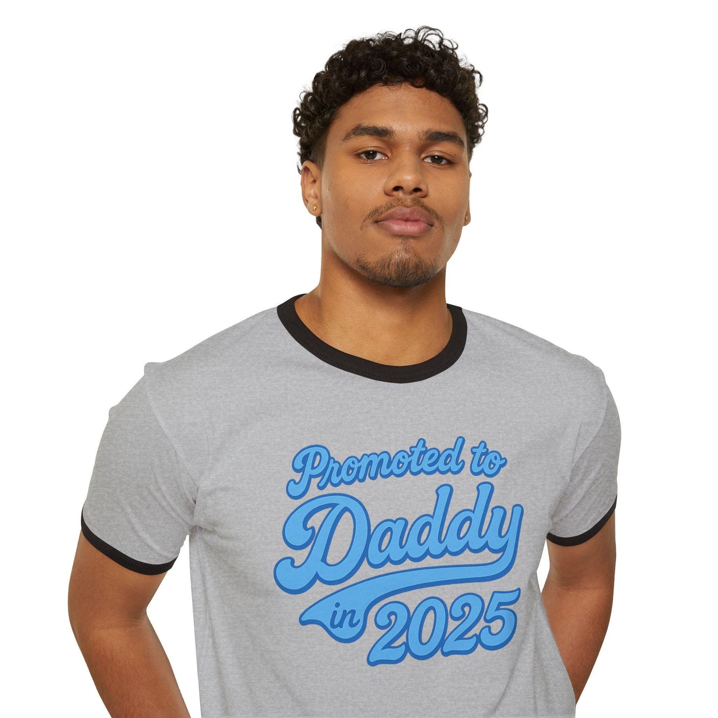 Customizable 'Promoted to Daddy 2025' Ringer T-Shirt, Father's Day Gift, New Dad Announcement Tee, Gender Reveal Shirt, Unisex Cotton Top