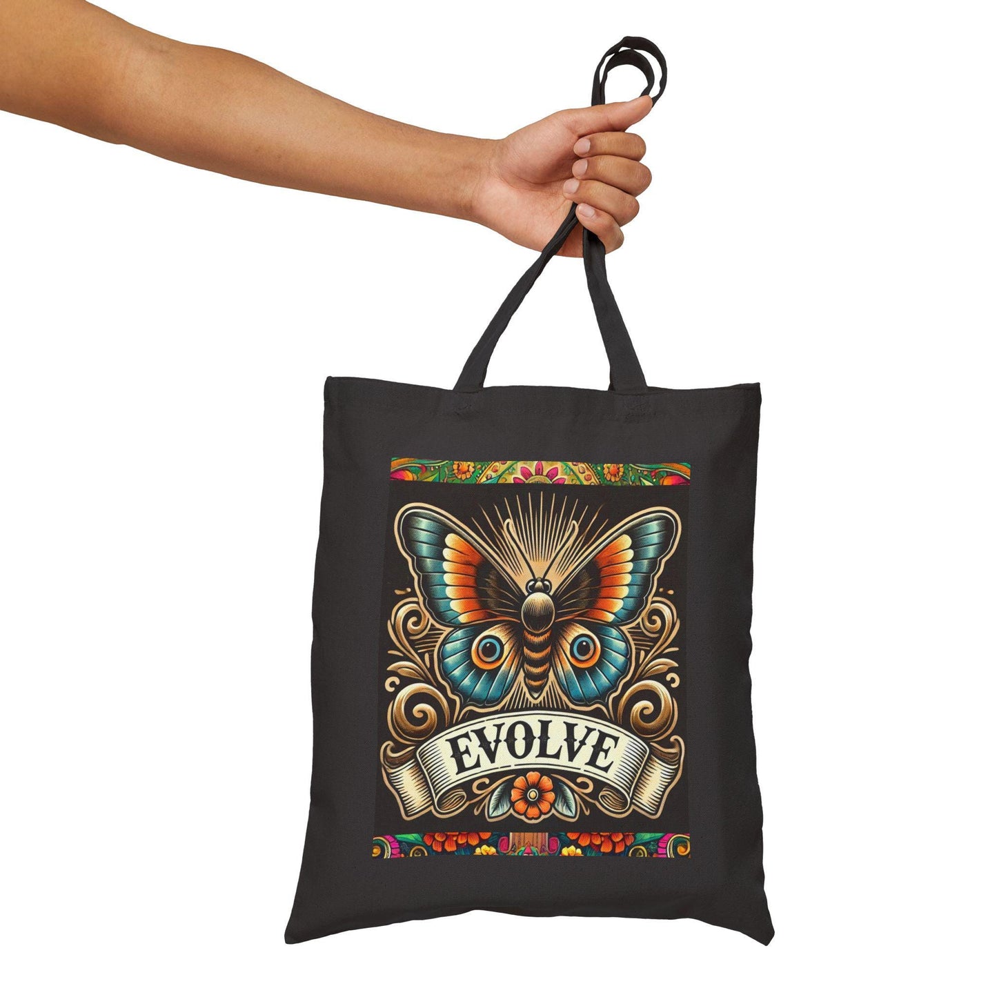 Butterfly Tote Bag, EVOLVE Vintage Tattoo Design, Durable Market Bag, Book Lover Gift, Reusable Grocery Bag, Eco-Friendly, Canvas Tote