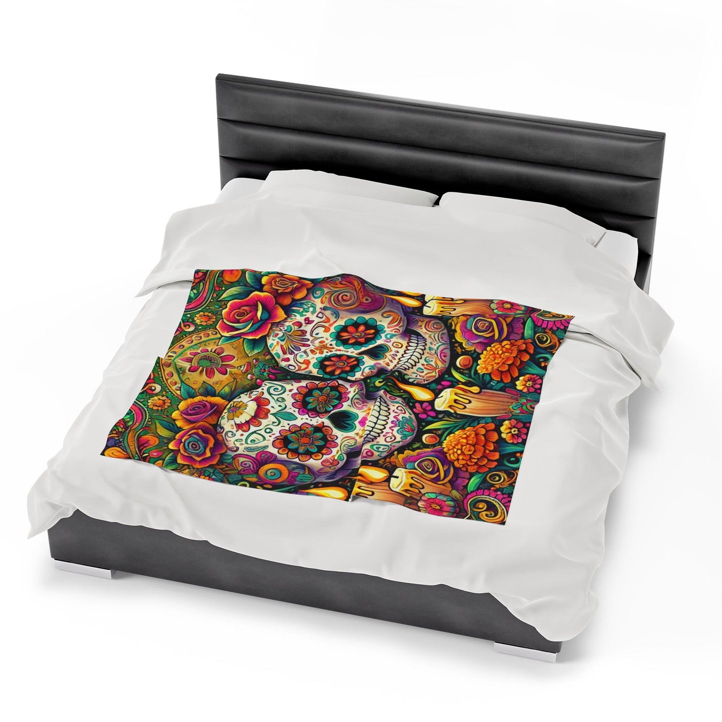 Plush Blanket, Day of the Dead, Sugar Skulls, Housewarming Gift, Soft Fleece Throw, Warm Bedding, Velveteen Blanket, Home Decor, Halloween