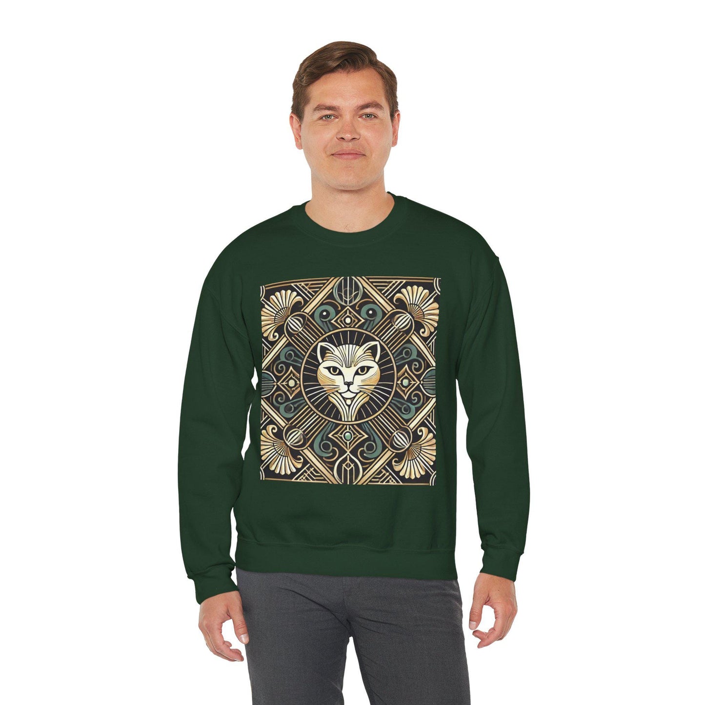 Cat Sweatshirt, Art Deco Design, Unisex Crewneck Jumper, Vintage Pullover, Gift for Cat Lover, Retro Style
