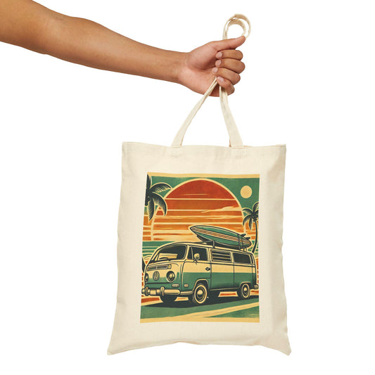Surfer Tote Bag, Go, California Sunset Reusable Shopping Bag, Volkswagen Van, Vintage Design, Eco-Friendly Canvas Tote