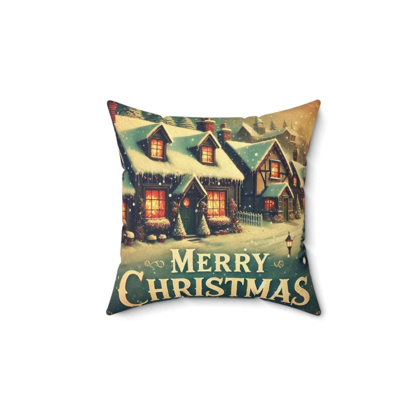 Chritmas Pillow Cozy Snow Village (14"x14" Square), Holiday Gifts, Christmas Village, Season's Greetings
