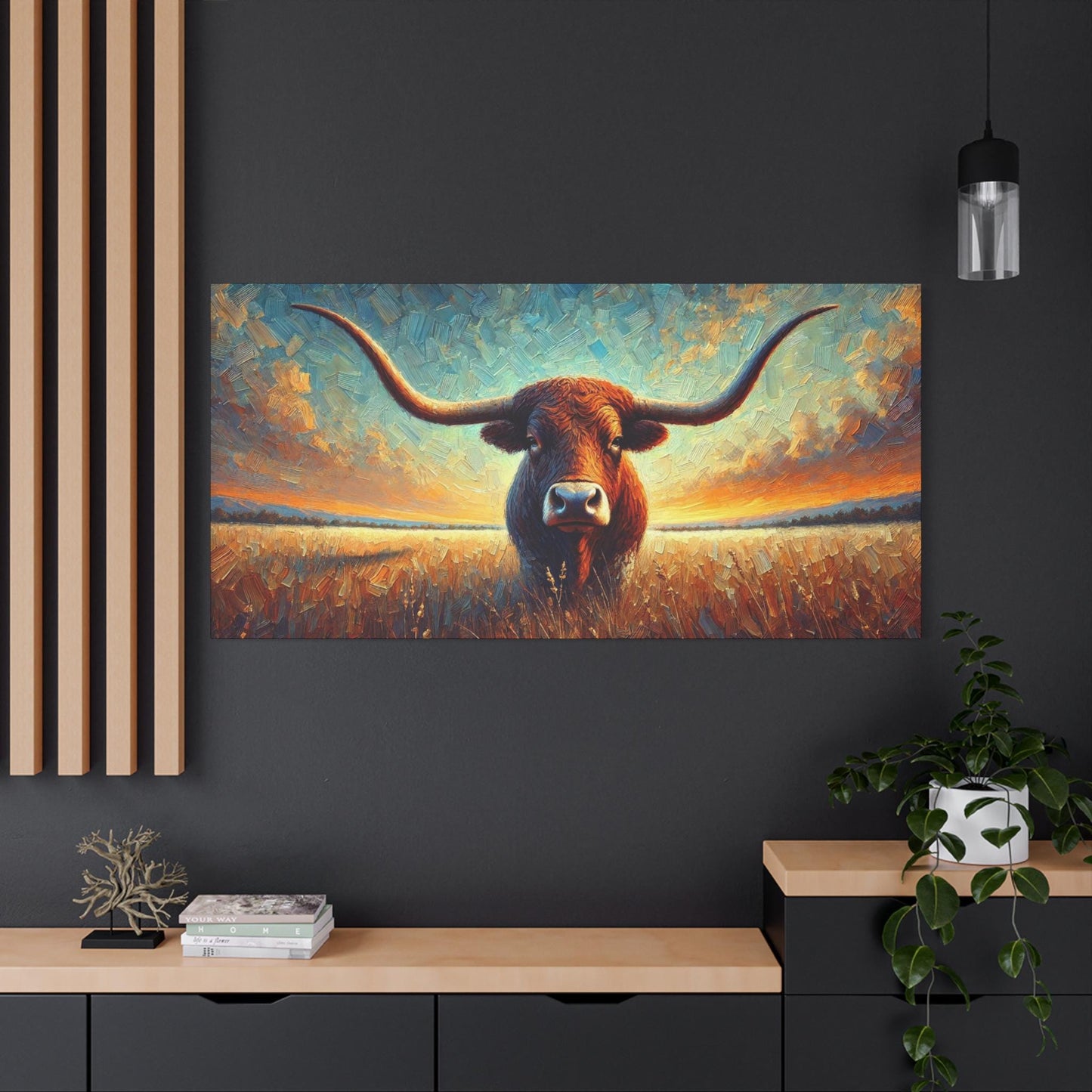 Original Impressionist Longhorn Canvas Print, Matte Stretched Art, 7 Sizes Available, Wall Decor, Landscape Painting, Home Office Decor