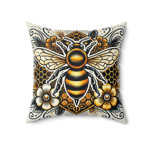 Honey Bee Square Pillow, Vintage Tattoo Design, Retro Charm, Housewarming Gift, Spun Polyester Cushion Cover, Nature Lover, Throw Pillow