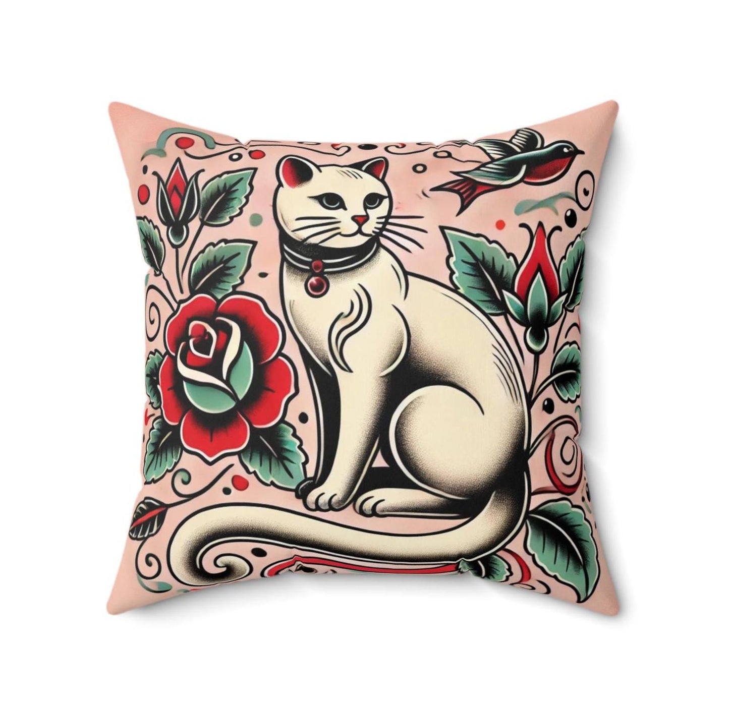 Cat Square Pillow, Vintage Tattoo Design, Retro Charm, Housewarming Gift, Spun Polyester Cushion Cover, Cat Lover, Soft Throw Pillow