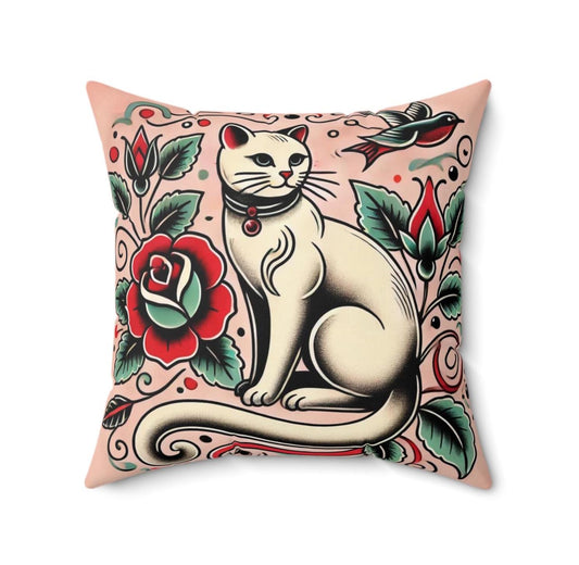 Cat Square Pillow, Vintage Tattoo Design, Retro Charm, Housewarming Gift, Spun Polyester Cushion Cover, Cat Lover, Soft Throw Pillow