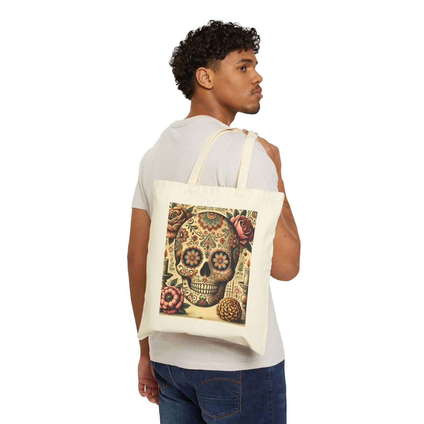 Sugar Skulls Cotton Canvas Tote Bag, Day of the Dead, Durable Market Bag, Boho Shopping Tote, Reusable Grocery Bag, Eco-Friendly Bag