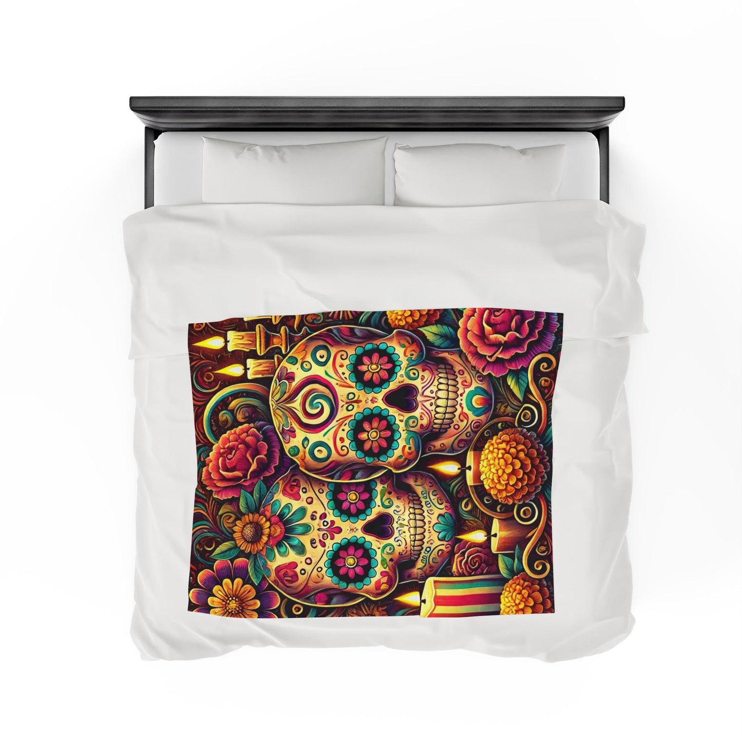 Plush Blanket, Day of the Dead, Sugar Skulls, Housewarming Gift, Soft Fleece Throw, Warm Bedding, Velveteen Blanket, Home Decor, Halloween