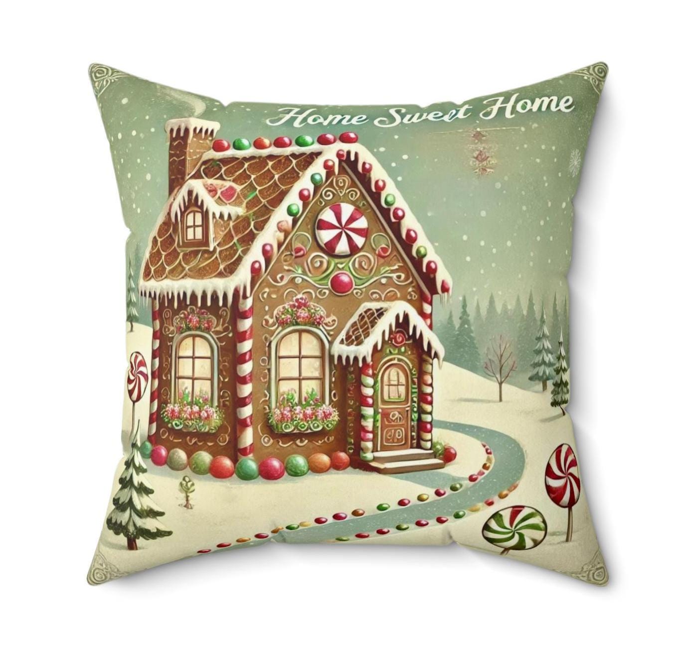 Christmas Pillow Cozy Snow Village (14"x14" Square), Holiday Gifts and Decor, Gingerbread House