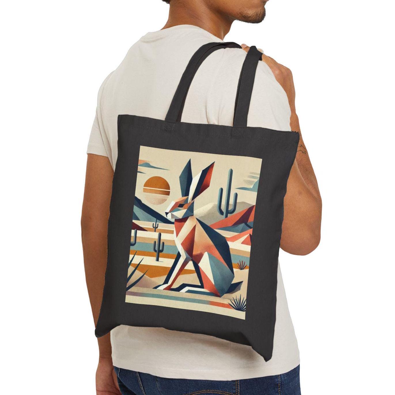 Canvas Tote Bag, Modern Southwestern Rabbit Design, Eco-Friendly Bag, Book Lover Gift, Reusable Grocery Shopping, Cubist Art Bag